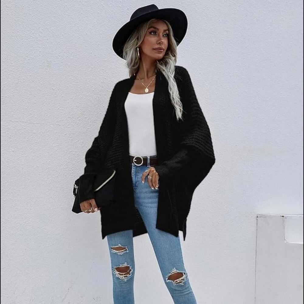 Black Open Front Long Sleeve Casual Knit Cardigan Sweater Loose Outerwear